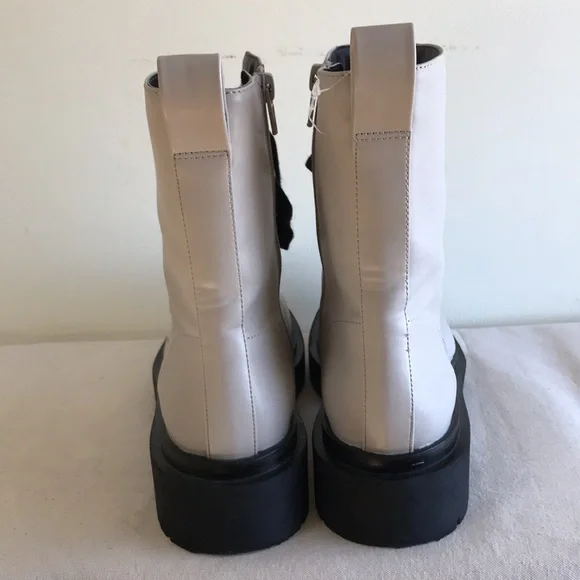 H&M Sz 41 combat boots white vegan leather black chunky sole black lace side zip - Picture 4 of 8